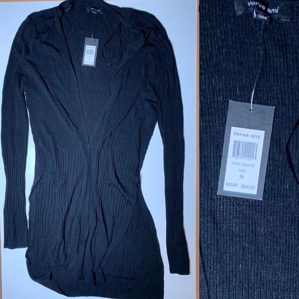 Long black ribbed cardigan with slits, NWT